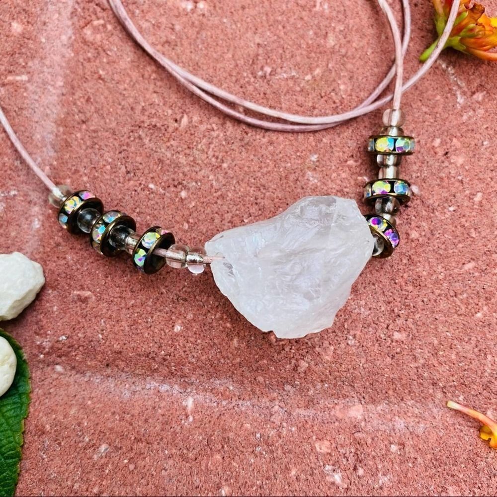 Handmade Rough Clear Quartz Leather Crystal Rondel Adjustable Necklace - Picture 3 of 4